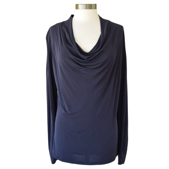THEORY Navy Draped Jersey Long Sleeve Top - Picture 1 of 7